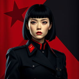 An image of a female military officer dressed entirely in black and red, featuring medium-length square-cut hair
