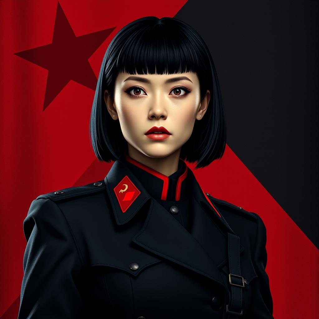 An image of a female military officer dressed entirely in black and red, featuring medium-length square-cut hair