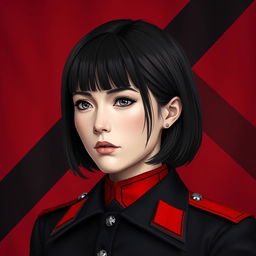 An image of a female military officer dressed entirely in black and red, featuring medium-length square-cut hair
