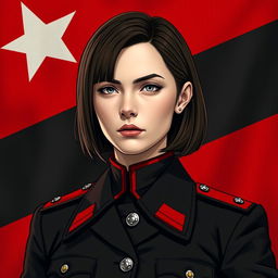 An image of a female military officer dressed entirely in black and red, featuring medium-length square-cut hair