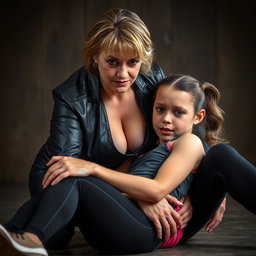A dramatic scene featuring a powerful and dominant 53-year-old woman clad in leather clothing with a low-cut neckline, physically pinning an 18-year-old girl dressed in sports leggings and a tank top on the ground
