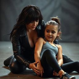 A dramatic scene featuring a powerful and dominant 53-year-old woman clad in leather clothing with a low-cut neckline, physically pinning an 18-year-old girl dressed in sports leggings and a tank top on the ground