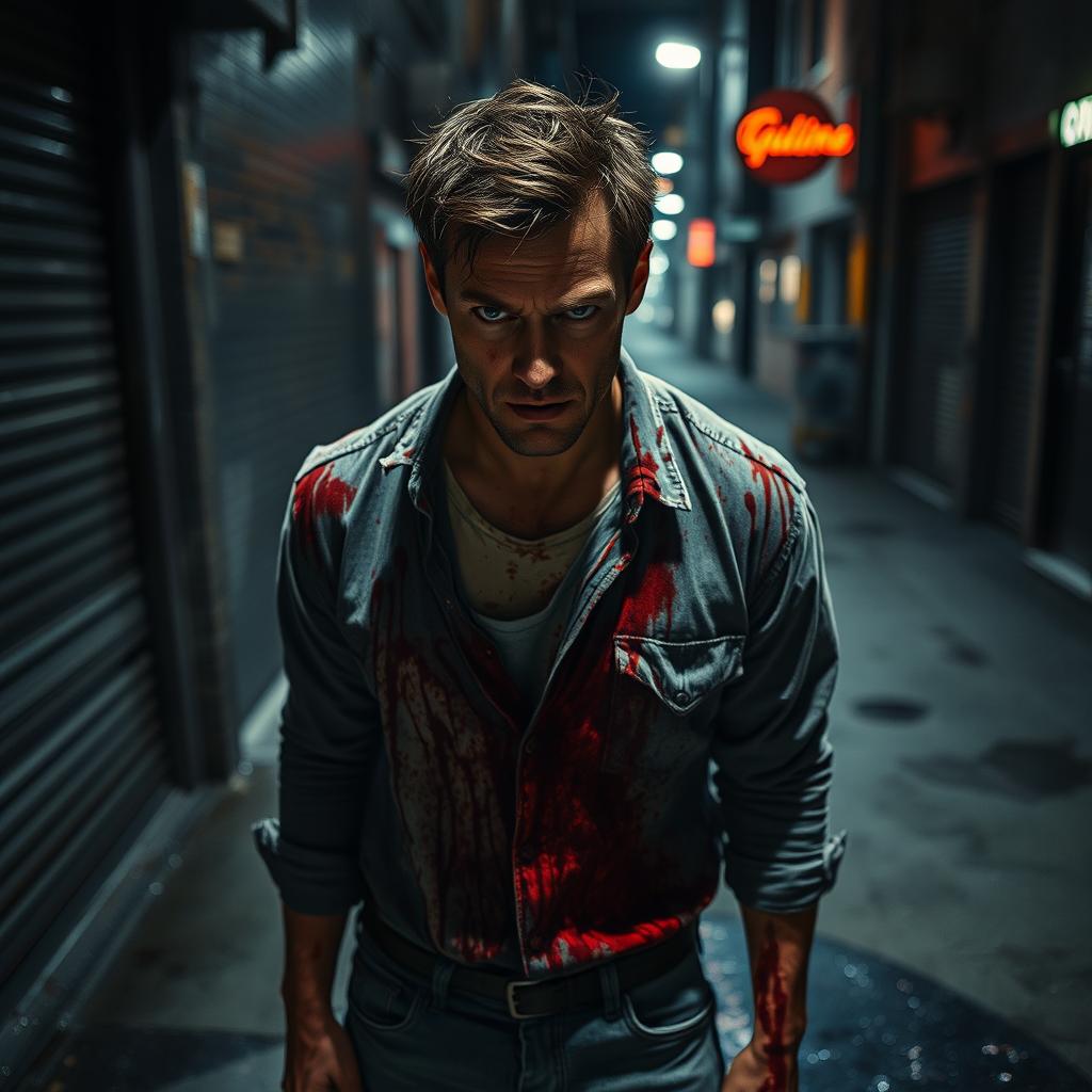 A man covered in blood, standing in a dimly lit urban alley, his facial expression a mix of anger and defiance