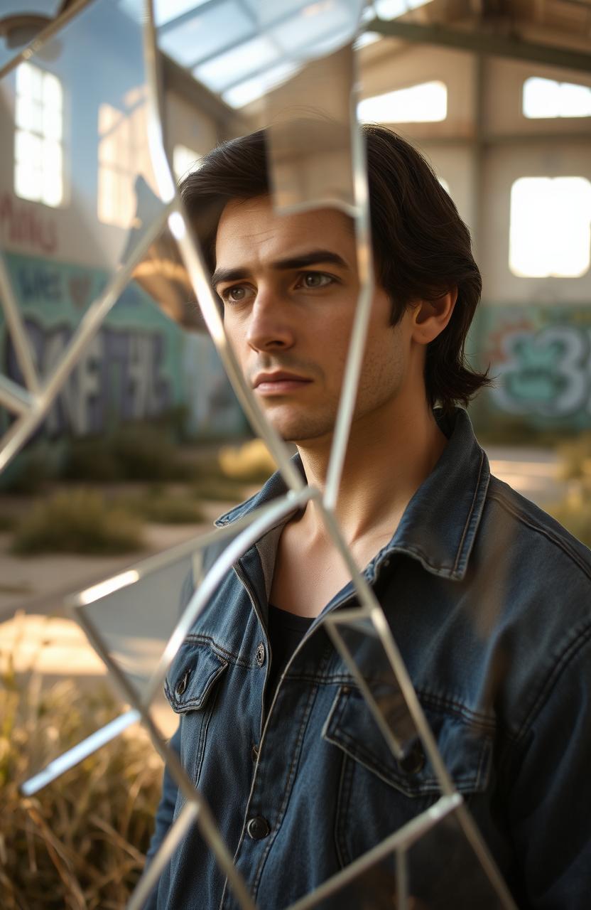 A contemplative man standing in front of broken glass, his reflection visible in the fragmented shards