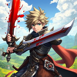 An anime-style warrior character from Metin2, wielding a massive sword with a beautiful blood effect on it