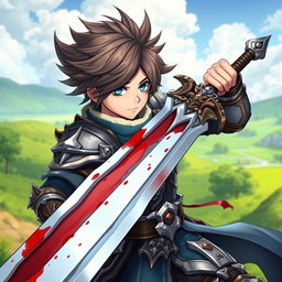 An anime-style warrior character from Metin2, wielding a massive sword with a beautiful blood effect on it