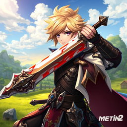 An anime-style warrior character from Metin2, wielding a massive sword with a beautiful blood effect on it