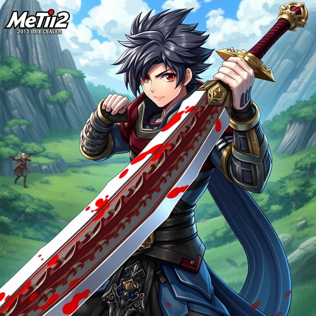 An anime-style warrior character from Metin2, wielding a massive sword with a beautiful blood effect on it