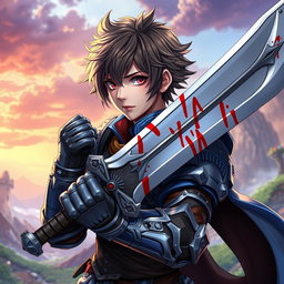 An anime-style warrior character from Metin2, holding a large sword with striking blood effects on it