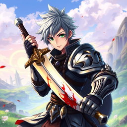 An anime-style warrior character from Metin2, holding a large sword with striking blood effects on it