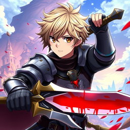 An anime-style warrior character from Metin2, holding a large sword with striking blood effects on it