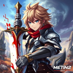 An anime-style warrior character from Metin2, holding a large sword with striking blood effects on it