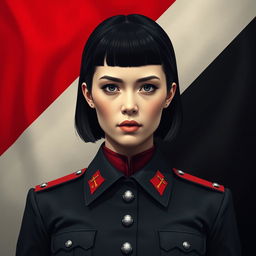 An image of a female military officer dressed entirely in black and red, featuring medium-length square-cut hair