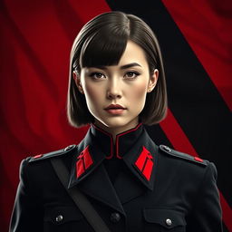 An image of a female military officer dressed entirely in black and red, featuring medium-length square-cut hair