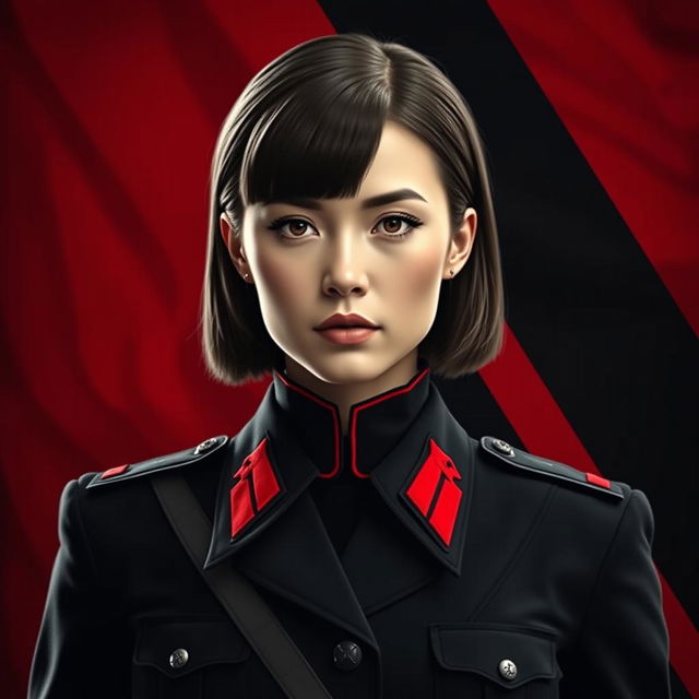 An image of a female military officer dressed entirely in black and red, featuring medium-length square-cut hair