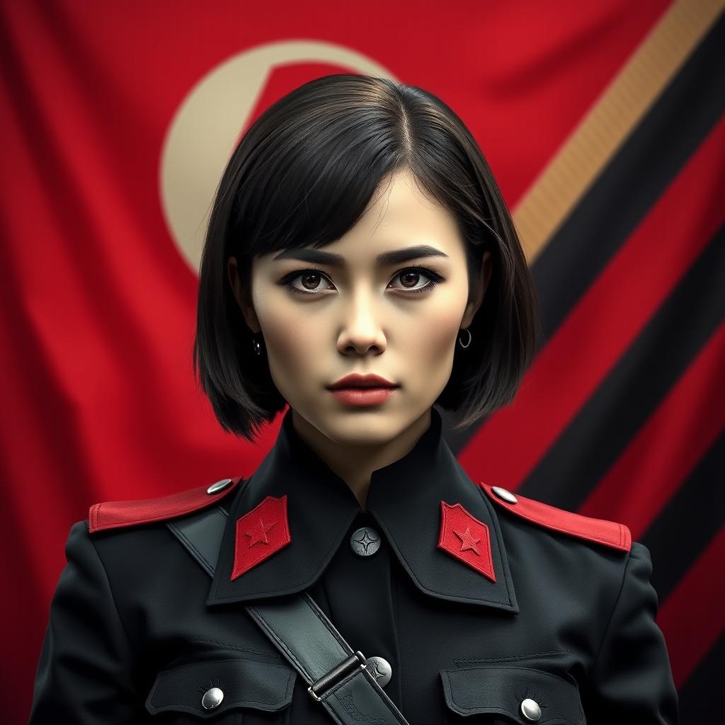 An image of a female military officer dressed entirely in black and red, featuring medium-length square-cut hair