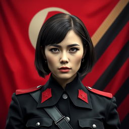 An image of a female military officer dressed entirely in black and red, featuring medium-length square-cut hair