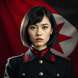 An image of a female military officer dressed entirely in black and red, featuring medium-length square-cut hair