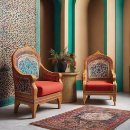 Two chairs integrated into a vibrant scene, decorated in a color-rich modern Arabic style, featuring intricate patterns and unique designs.