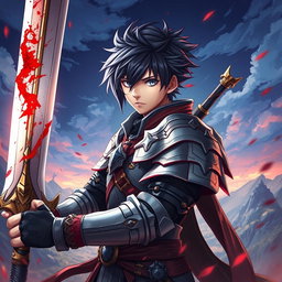 An anime-style warrior character inspired by Metin2, holding a large sword with beautiful blood effects glistening on it