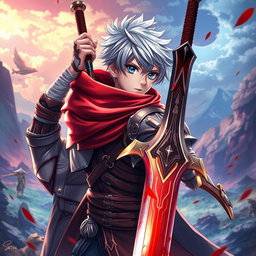 An anime-style warrior character inspired by Metin2, holding a large sword with beautiful blood effects glistening on it