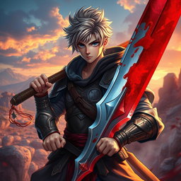 An anime-style warrior character inspired by Metin2, holding a large sword with beautiful blood effects glistening on it