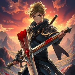 An anime-style warrior character inspired by Metin2, holding a large sword with beautiful blood effects glistening on it