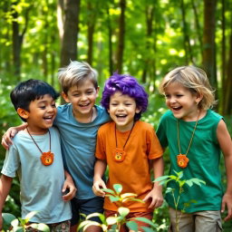 Five eight-year-old brothers are playfully having fun in a vibrant forest, surrounded by lush greenery and dappled sunlight