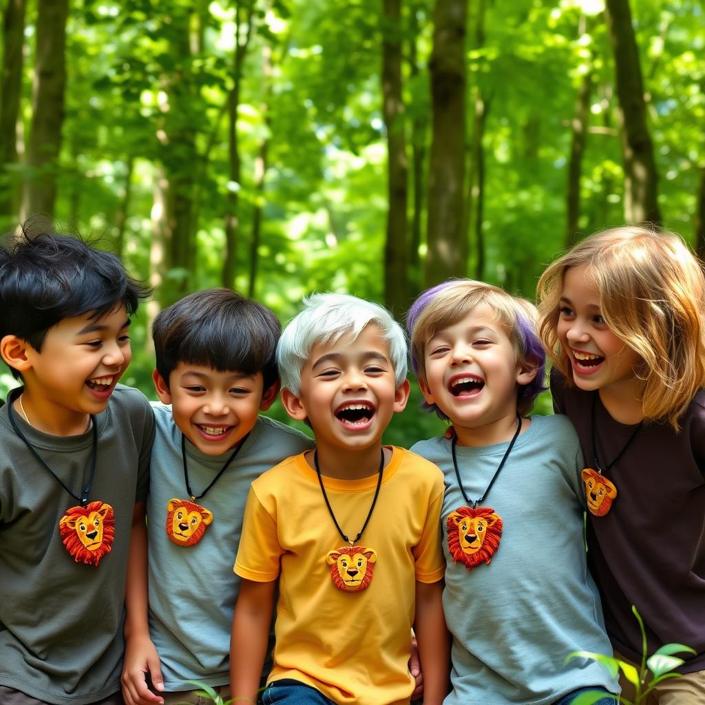 Five eight-year-old brothers are playfully having fun in a vibrant forest, surrounded by lush greenery and dappled sunlight