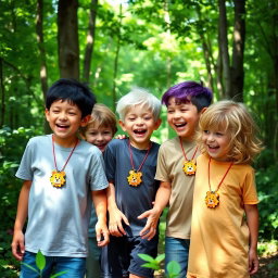 Five eight-year-old brothers are playfully having fun in a vibrant forest, surrounded by lush greenery and dappled sunlight