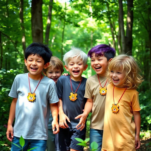 Five eight-year-old brothers are playfully having fun in a vibrant forest, surrounded by lush greenery and dappled sunlight