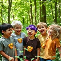 Five eight-year-old brothers are playfully having fun in a vibrant forest, surrounded by lush greenery and dappled sunlight