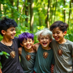 In a lively forest scene, five playful eight-year-old brothers are joyfully playing together