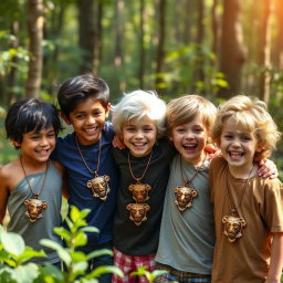 In a lively forest scene, five playful eight-year-old brothers are joyfully playing together