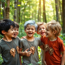 In a lively forest scene, five playful eight-year-old brothers are joyfully playing together