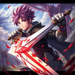 An anime-style warrior character inspired by Metin2, brandishing a large sword adorned with beautiful blood effects