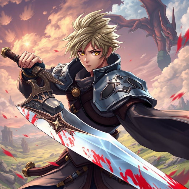 An anime-style warrior character inspired by Metin2, brandishing a large sword adorned with beautiful blood effects