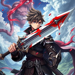 An anime-style warrior character inspired by Metin2, brandishing a large sword adorned with beautiful blood effects