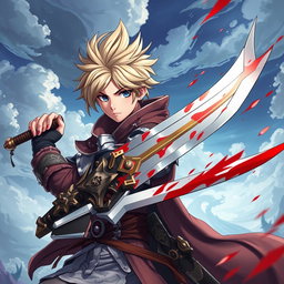 An anime-style warrior character inspired by Metin2, brandishing a large sword adorned with beautiful blood effects