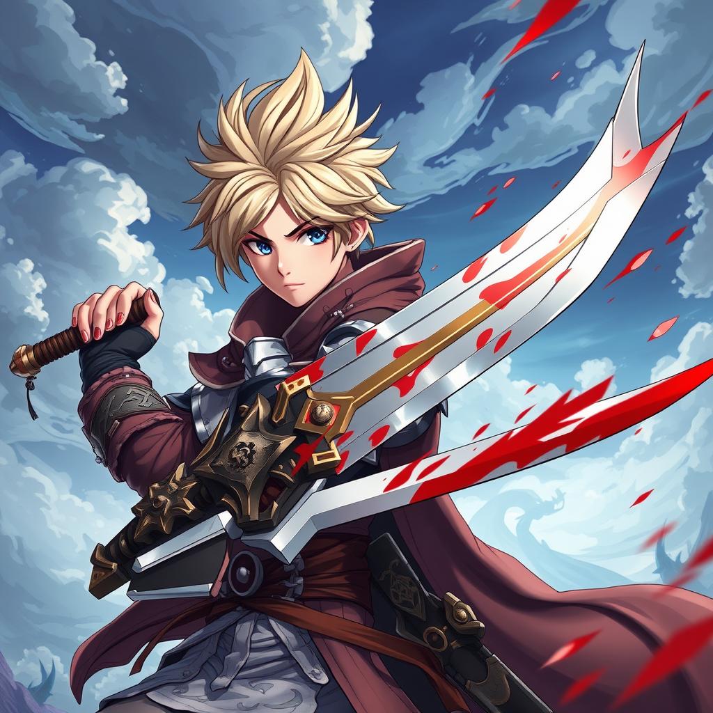 An anime-style warrior character inspired by Metin2, brandishing a large sword adorned with beautiful blood effects