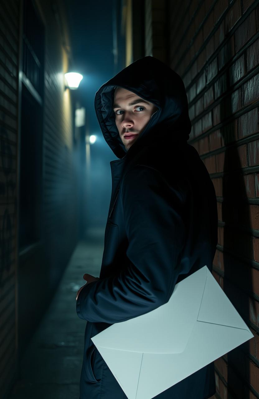 A mysterious figure in a dark alley, surrounded by shadows and graffiti, wearing a hooded jacket and holding an envelope labeled 'Invitation'