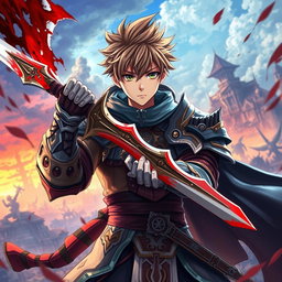 An anime-style warrior character inspired by Metin2, wielding a large sword with beautiful blood details on it