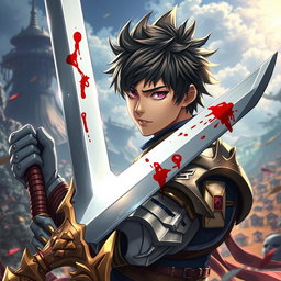 An anime-style warrior character inspired by Metin2, wielding a large sword with beautiful blood details on it