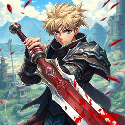 An anime-style warrior character inspired by Metin2, wielding a large sword with beautiful blood details on it