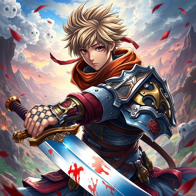 An anime-style warrior character inspired by Metin2, wielding a large sword with beautiful blood details on it