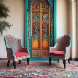 Two chairs integrated into a vibrant scene, decorated in a color-rich modern Arabic style, featuring intricate patterns and unique designs.