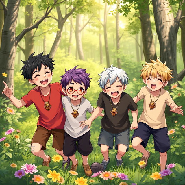In a vibrant forest, five playful anime-style brothers, all eight years old, are joyfully playing together