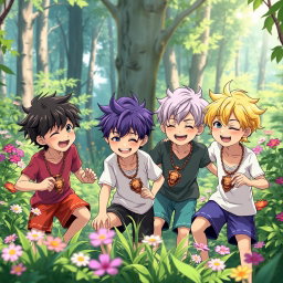 In a vibrant forest, five playful anime-style brothers, all eight years old, are joyfully playing together