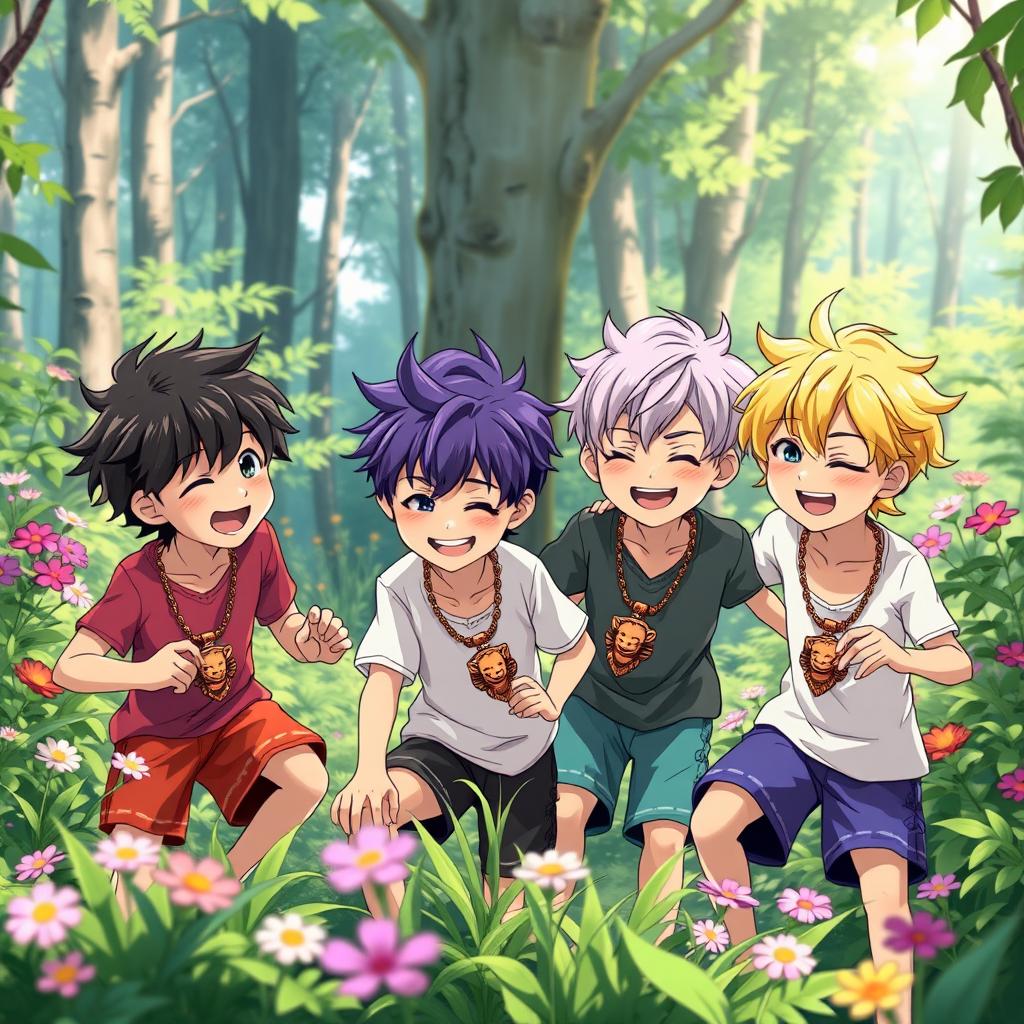 In a vibrant forest, five playful anime-style brothers, all eight years old, are joyfully playing together