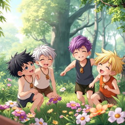 In a vibrant forest, five playful anime-style brothers, all eight years old, are joyfully playing together